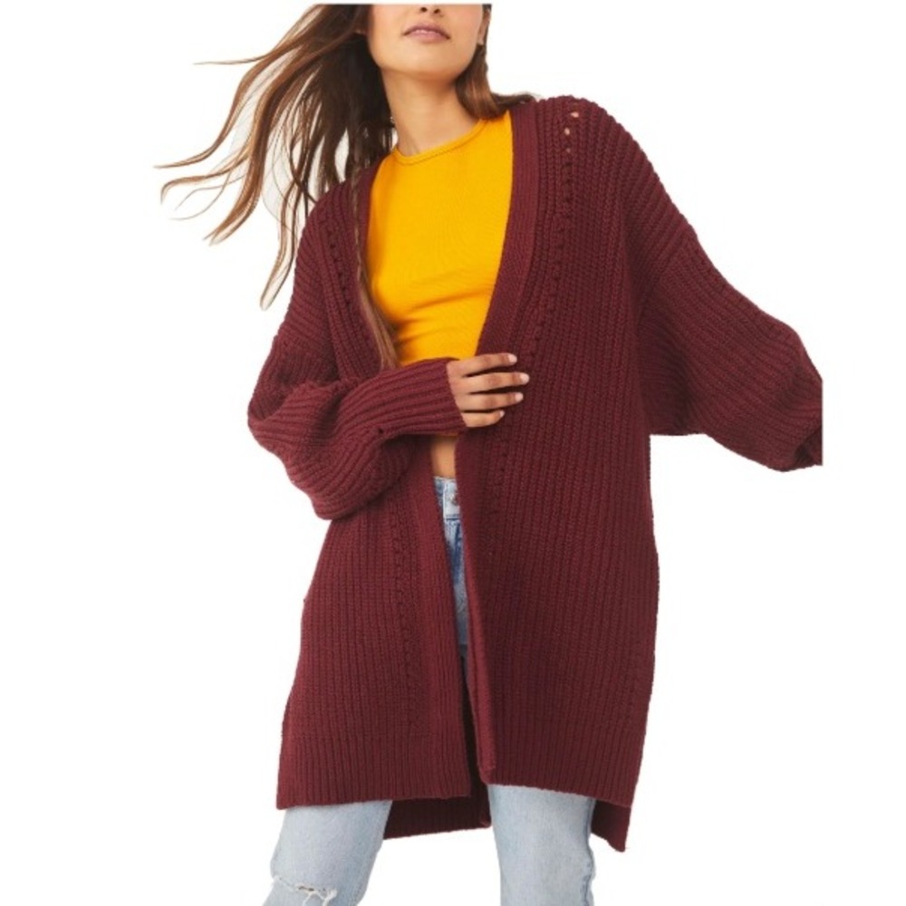 Free People Nightingale Cardigan Cabernet Burgundy Oversized Knit Sweater S